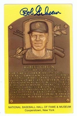 Bob Gibson Autographed/Hand Signed Hall of Fame Plaque Postcard (St. Louis Cardinals) 3.5x5.5 (67)