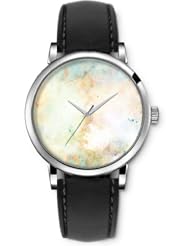 SPRAWL Aanalog Fashion Series Silver Ladies Watches of Genuine Black Leather Strap,Unique Wrist Watch for Women Girls Designed with yellowish spots