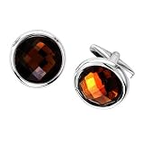 Round Cufflinks with Rhodium Plated Edge and Large Dark Amber Colored Center Stone