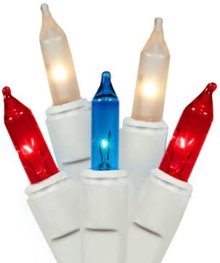 Set of 50 Red, Frosted White & Blue Patriotic 4th of July Mini Christmas Lights - White Wire