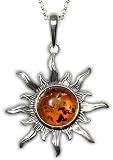 Certified Genuine Honey Amber and Sterling Silver Flaming Sun Pendant on Italian 18" Rolo Chain