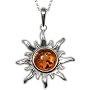 Certified Genuine Honey Amber and Sterling Silver Flaming Sun Medium Pendant, 18"
