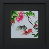 Susho, King Silk Art Handmade Silk Embroidery - A Pair of Goldfish in Peonies - Black Mat Framed Medium Size 32003BF