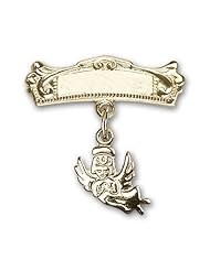 14kt Gold Baby Badge with Guardian Angel Charm and Arched Polished Badge Pin