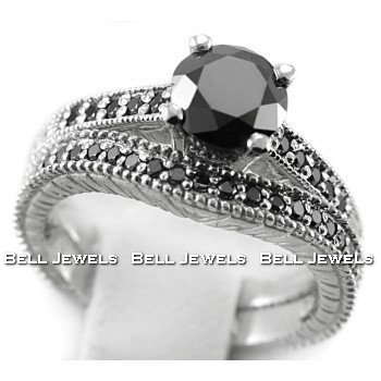 1.30ct Fancy Black Diamond Engagement & Wedding Ring Band Set 14k White Gold