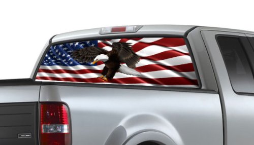 See-Thru Window Graphic - American Flag with Attacking Eagle 65 inch x 22 inch On Sale