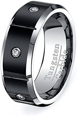 Tungsten Ring in Black Surface Sectioned with 3 Brilliant CZ Diamond Stone in Tungsten Carbide Mens Wedding Band