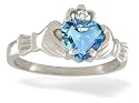 14K White Gold Genuine Heart Blue Topaz and Diamond Celtic Claddagh Ring