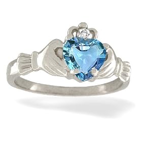 14K White Gold Genuine Heart Blue Topaz and Diamond Celtic Claddagh Ring by Jewels For Me