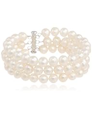 Sterling Silver 3-Row White A Grade 8.5-9mm Freshwater Cultured Pearl Bracelet, 8"