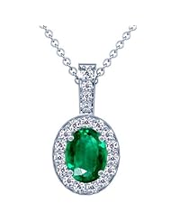 14K White Gold Oval Cut Emerald And Round Diamond Pendant