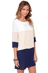 General Print Shift Polyester Colorblocking Elbow Length Sleeves Short Round Neck  Dress