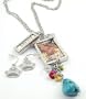 "Beauty" & "Unique" Lady's X-Large & Chunky 2 Sided Photo/Shadow Box (with Retro Lady) LONG Charm Necklace & Crown Earrings Set with Genuine Turquoise Stone Accents ~ GIFT BOXED N1