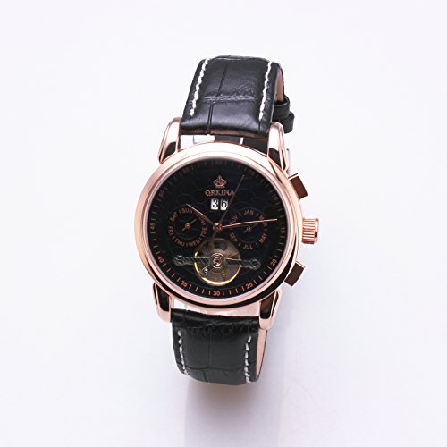 ORKINA Luxury Men's Mechanical Wrist Watch Genuine Black Leather Rose Golden Bezel Black Dial 02