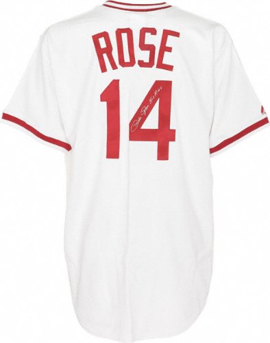Pete Rose Autographed Jersey | Details: Cincinnati Reds, Majestic Cooperstown Collection, Authentic, Hit King Inscription