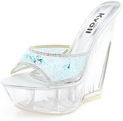 Kvoll Womens Open Toe High Heels Resin Solid Slippers with Shiny Heels and Rhinestones, Blue, 37