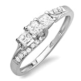 14k White Gold 3 Stone Princess & Round Diamond Ladies Bridal Ring Engagement (0.60 cttw, F-G-H Color, SI-I Clarity)