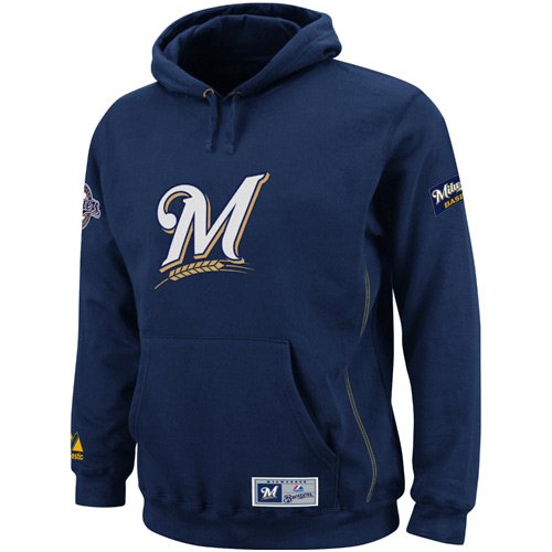 MLB Men's Milwaukee Brewers Be Proud Long Sleeve Hooded Fleece Pullover, Athletic Navy/Harvest Gold, Large