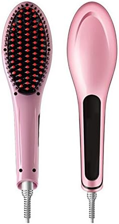 Ceramic Hair Straightener Brush - Quick Styling Instant Straightening - 360° Rotating Heating Detangler - Pink