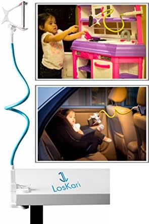 Cell Phone Clip Holder for Bed, Car, Desktop, Table Car With Gooseneck Flexible Long Arm CellPhone Clip Holder Stand for Smart Phones and GPS (Blue With White Clamps)