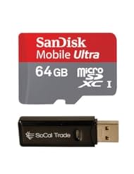 64GB SanDisk MicroSD HC XC MicroSDXC Class 10 Memory Card 64G (64 Gigabyte) for Samsung Galaxy Note II S III 3 Cricket Premier 2 Grand ATIV Odyssey Axiom with SoCal Trade, Inc. MicroSD & SD USB Card Reader