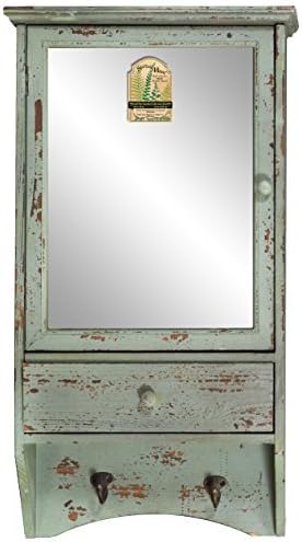 Distressed Wooden Mirrored Wall Cabinet with Drawer and Hooks (Green)