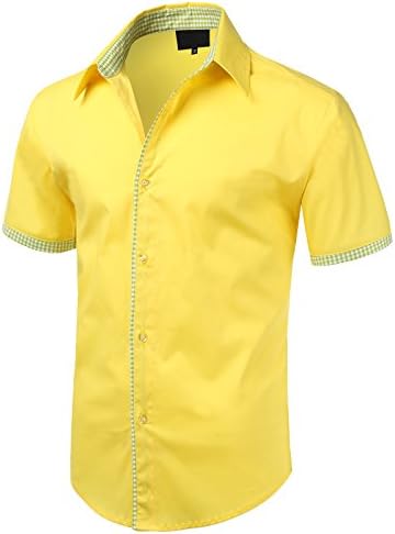 iDarbi Mens Premium Slim Fit Button-down Short Sleeve Shirt YELLOW SMALL