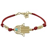 Red Cord Bracelet With Matte Gold Plated Beads and Hamsa and Evil Eye in Center - 7.5 Length