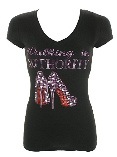 Women's Walking in Authority Rhinestone Bling T-Shirts Black