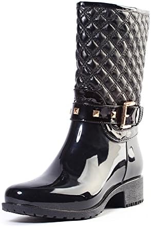 Alexis LeroyWomen Checkered Diamond Pattern Studded Adjustable-Strap Warm-Keeping Rain Boots