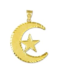 10k Gold Diamond-Cut Islamic Charm Crescent Moon and Star Pendant