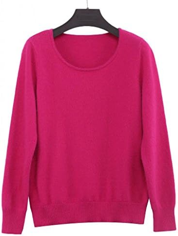 FOUQ Women's Classic Knitwear 100% Mink Cashmere Crewneck Slim Sweater Rose Red XL