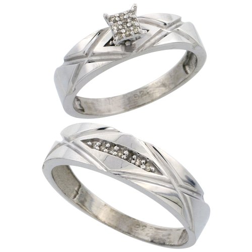Sterling Silver 2-Piece Diamond Ring Set ( Engagement Ring & Man's Wedding Band ), w/ 0.10 Carat Brilliant Cut Diamonds, ( 5mm; 6mm ) wide, Size 9.5