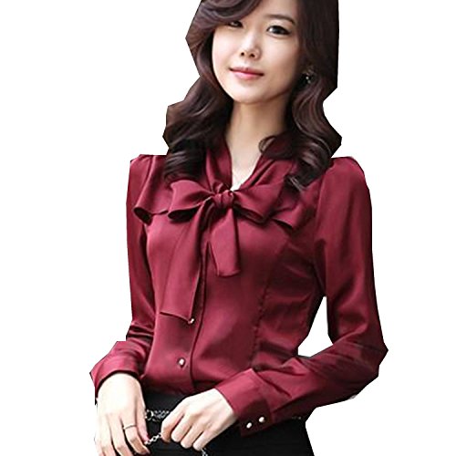 (ミネトメ)Minetom レディース　女性 シャツ　長袖　リボン　復古　OL ボタン　スリム　ビジネス　通勤　無地　チュニック