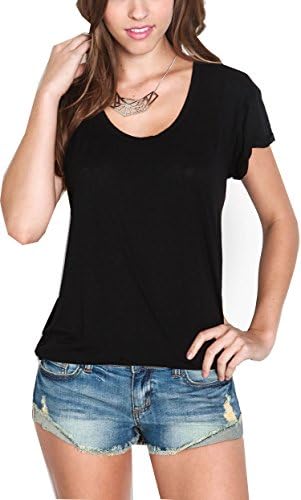 Azkara Womens Solid Basic Short Sleeves Flare Fit T-Shirt Medium Black