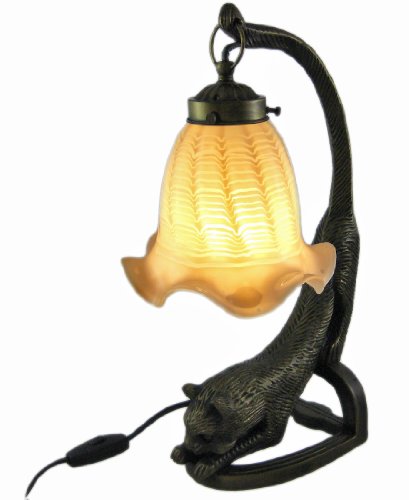 Bronzed Finish Long Tailed Cat Table Lamp Glass Shade