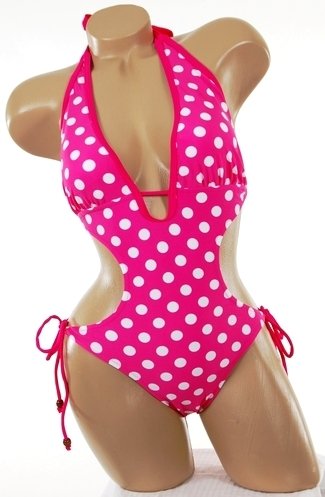 Sexy Trendy Swimwear 2008 Hottest Style Monokini 1 One Piece Pink White Polka Dot Tie Side Swimsuit