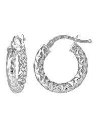 14k White Gold Diamond-Cut Design Hoop Earrings