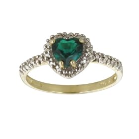 10k Yellow Gold Heart Shaped Lab-Created Emerald and Diamond Ring