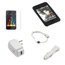 USB Data Cable + USB Car Charger + USB Home Charger + Black Rubber Silicone Skin Case + Clear Reusable LCD Screen Protector for Apple Ipod Touch Itouch 8GB 16GB 32GB 2G 2nd Generation