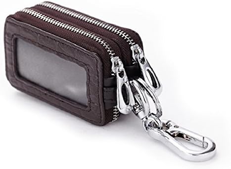Jaswon Authentic Leather Car Key Pouch Crocodile Family Key Case Holder Double Zipper Purse Wallet Mini-Size Clutch Bag with Key Ring &amp; Clear Window for Men Women (Coffee)