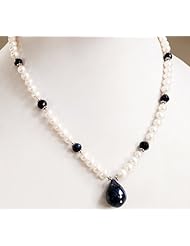 Exclusive Single Row Natural Graceful Pearl & Sapphire Drop Beaded Necklace