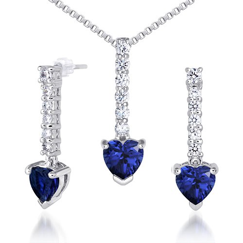 Debonair Style 3.75 carats Heart Shape Created Blue Sapphire Pendant Earrings Set in Sterling Silver Rhodium Finish Debonair Style 3.75 carats Heart Shape Created Blue Sapphire Pendant Earrings Set in Sterling Silver Rhodium Finish