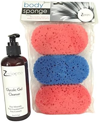Zeviepro Glycolic Acid Gel Cleanser Bundle with Tea Tree Oil + Salicylic Acid for Anti-Aging - Reduces Fine Lines and Wrinkles. 8oz. Bonus 3 Pack Body Sponge Set.