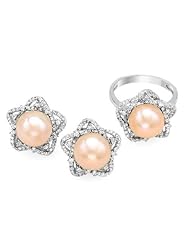 Sterling Silver Pearls and 6.95 CTW Cubic Zirconias Ladies Jewelry Set. Ring Size 9. Length 16 in. Total Item weight 5.7 g.