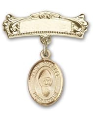 14K Gold Baby Badge with St. Sharbel Charm and Arched Polished Badge Pin