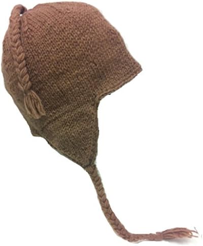 Nepal Hand Knit Sherpa Hat with Ear Flaps, Trapper Ski Heavy Wool Fleeced Lined Cap (Brown Plain)