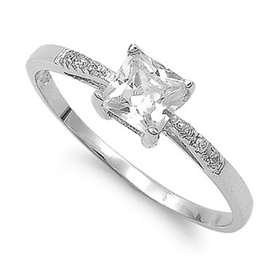 .925 Sterling Silver Engagement Ring with Princess and Round Cut CZ Stone Combination, 0.75 Carat Total Weight, Designed with Top Quality Diamond Colored Cubic Zirconia, Free Shipping, Sale Price Offer, Comes with Free Special Gift Pouch and Box