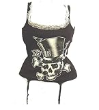  : Lucky 13 Stocking Parade Garter Top, Top Hat Skull Crossbones Print low cut Top with attached Garters