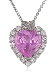 Sterling Silver Created Pink Sapphire with Round Created White Sapphire and Diamonds Heart Pendant Necklace, 18"